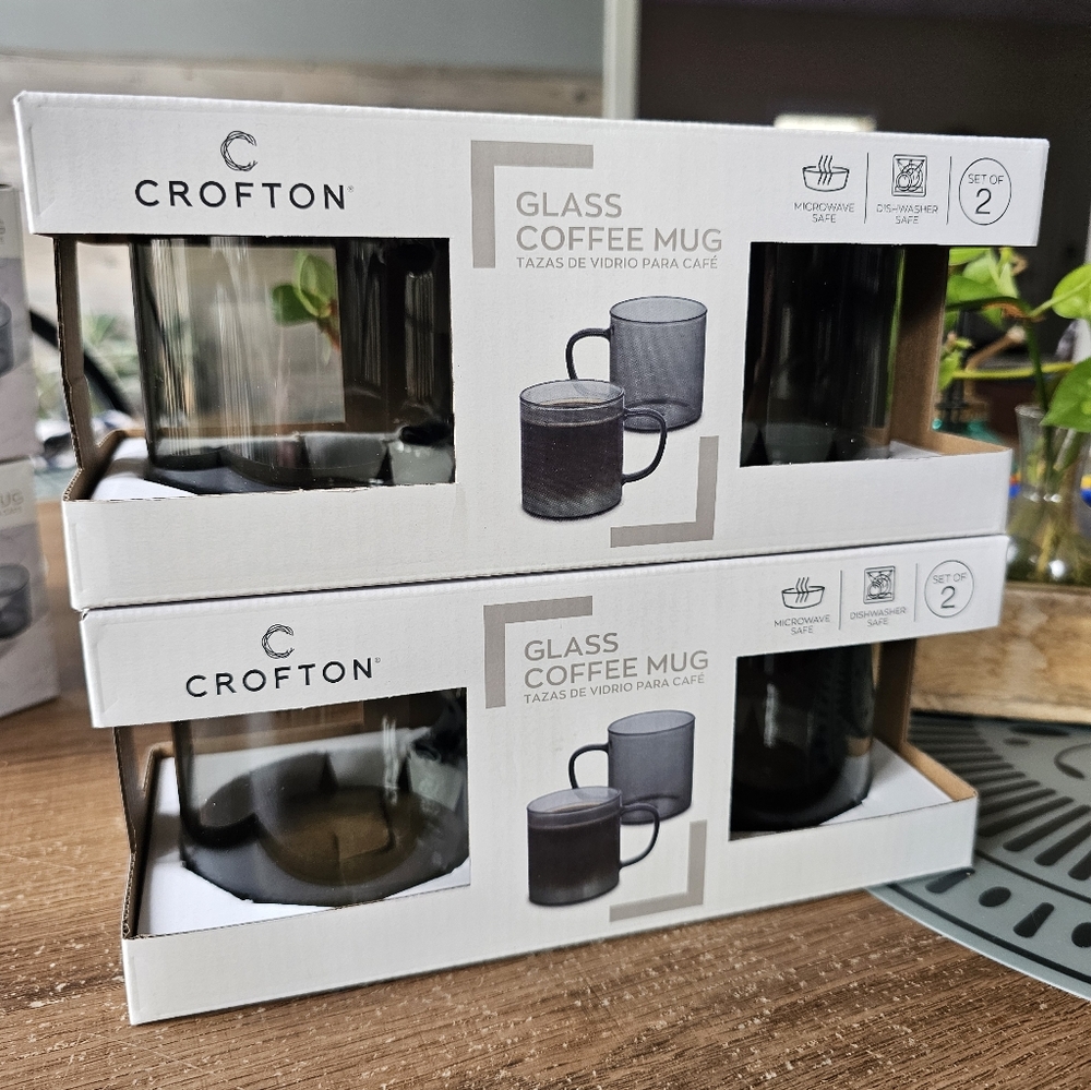 Crofton Glass Coffee Mugs Aldi Borosilicate Glass Gray Set‎ Of 4 NIB 15oz Htf